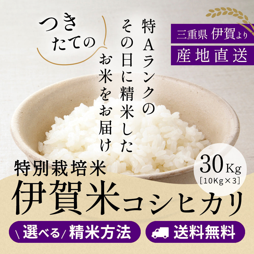 【特別栽培米】令和5年産 伊賀米コシヒカリ 三重県伊賀産 玄米30kg(10kgｘ3袋) 選べる精米方法 送料無料