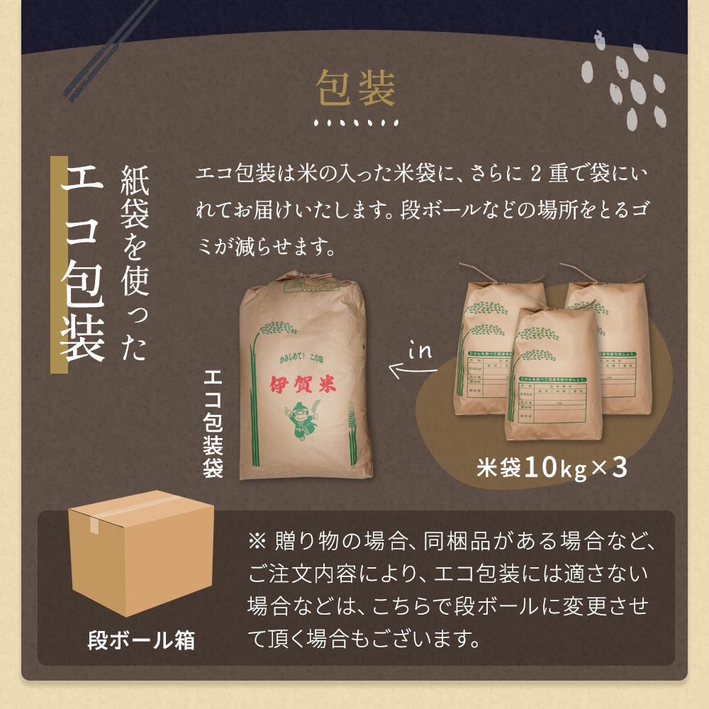 令和6年産 伊賀米キヌヒカリ 玄米30kg(10kgx3袋) 選べる精米方法 送料無料